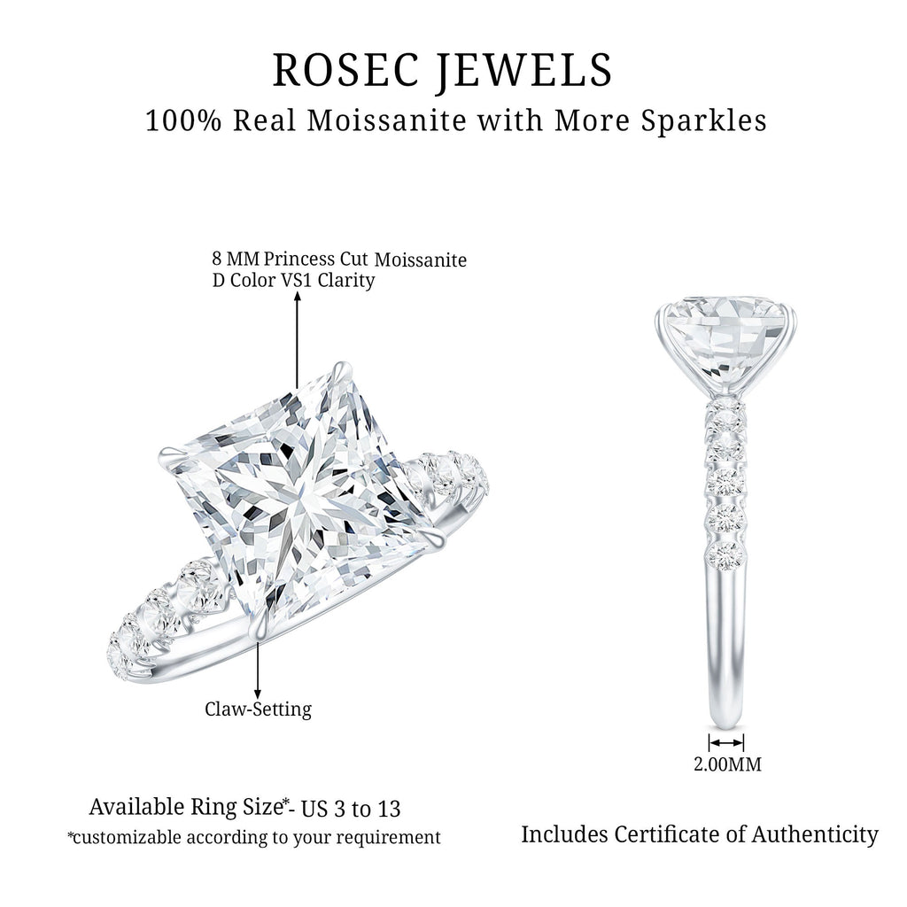 Princess Cut 3 Carat Moissanite Solitaire Engagement Ring with Side Stones