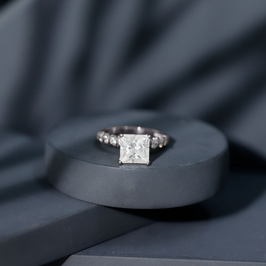 Princess Cut 3 Carat Moissanite Solitaire Engagement Ring with Side Stones