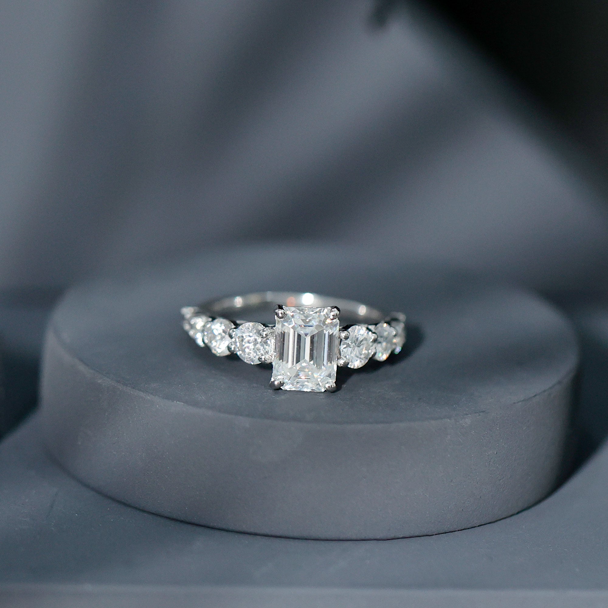 1.8 Carat Emerald Cut Moissanite Side Stone Engagement Ring with Certificate