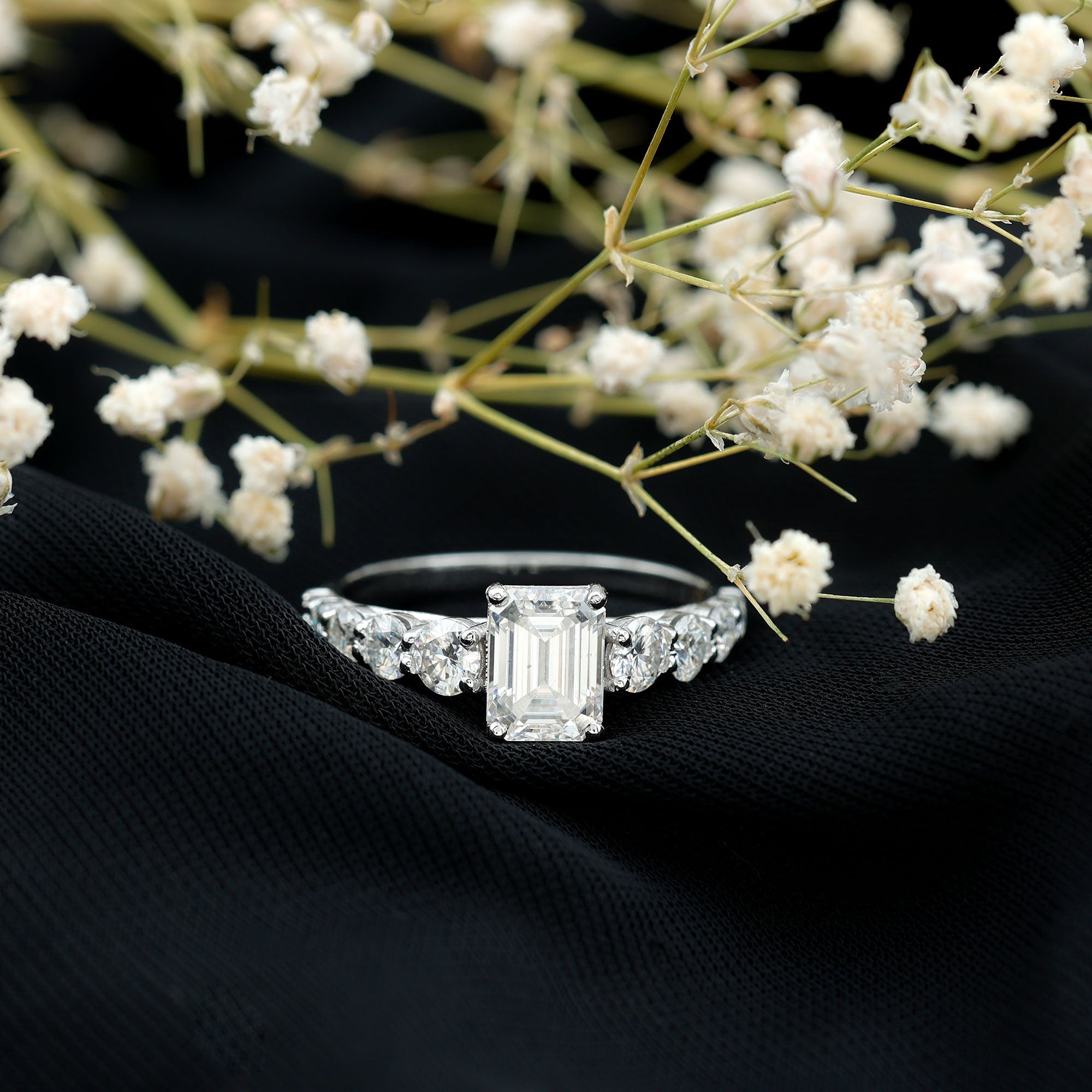 1.8 Carat Emerald Cut Moissanite Side Stone Engagement Ring with Certificate