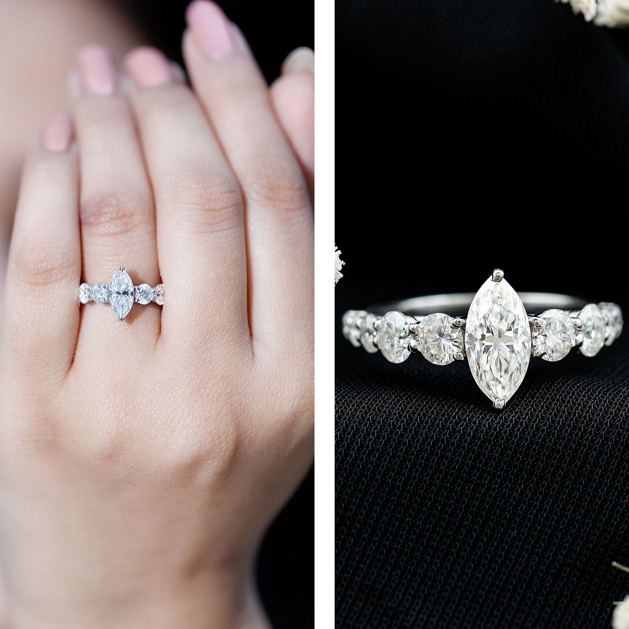 Marquise Moissanite Engagement Ring With Side Stones