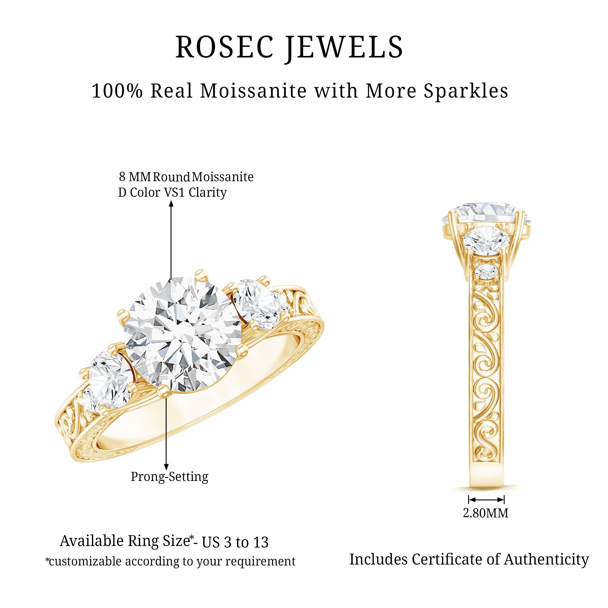 Vintage Style Moissanite 3 Stone Engagement Ring for Women