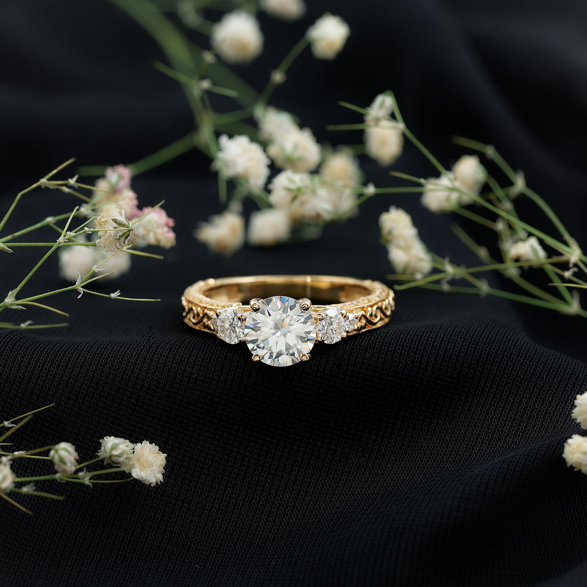 Vintage Style Moissanite 3 Stone Engagement Ring for Women
