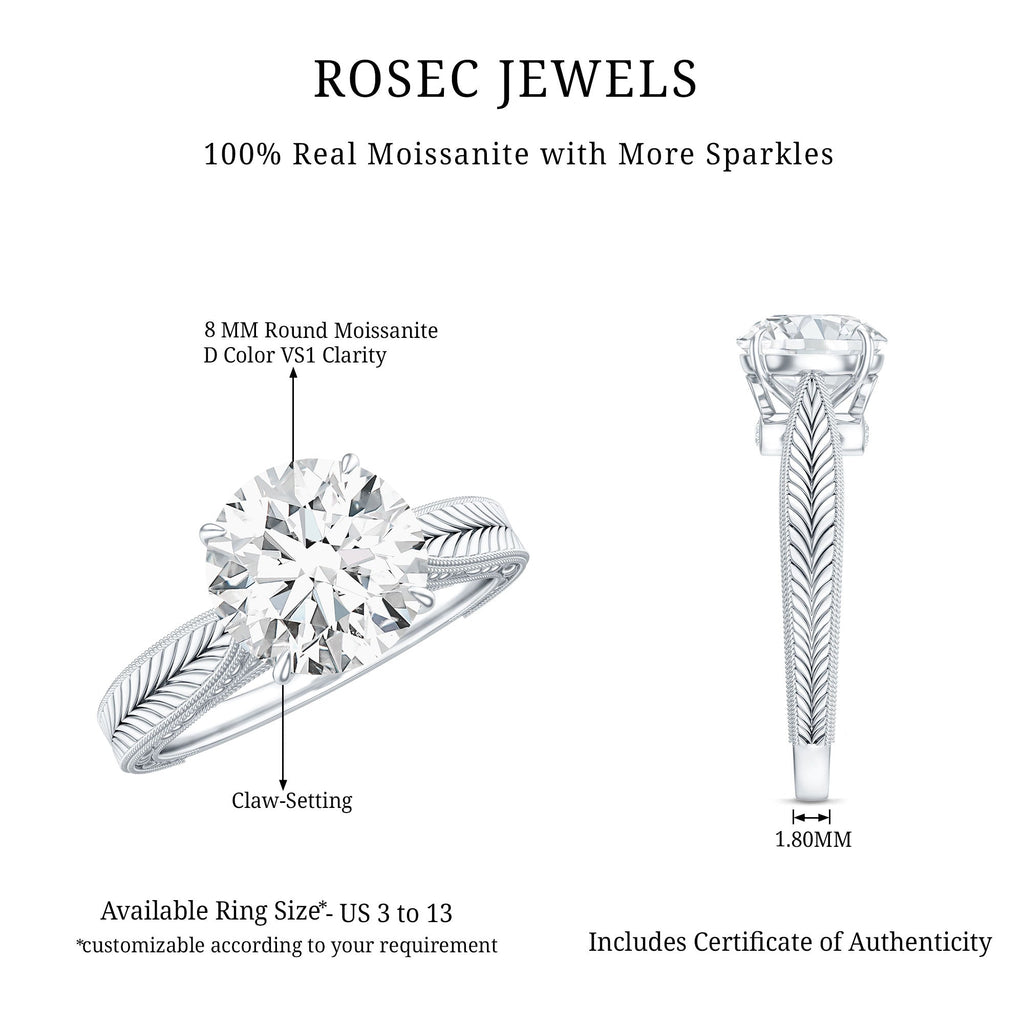 Claw Set Round Moissanite Engraved Engagement Ring