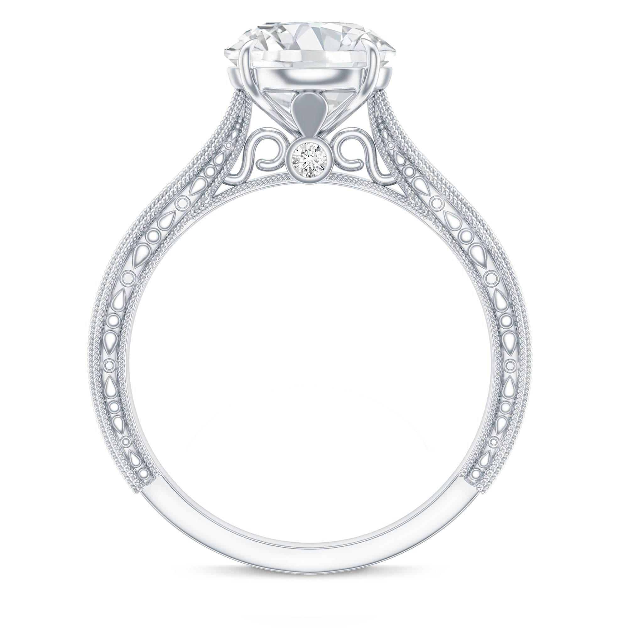 Claw Set Round Moissanite Engraved Engagement Ring