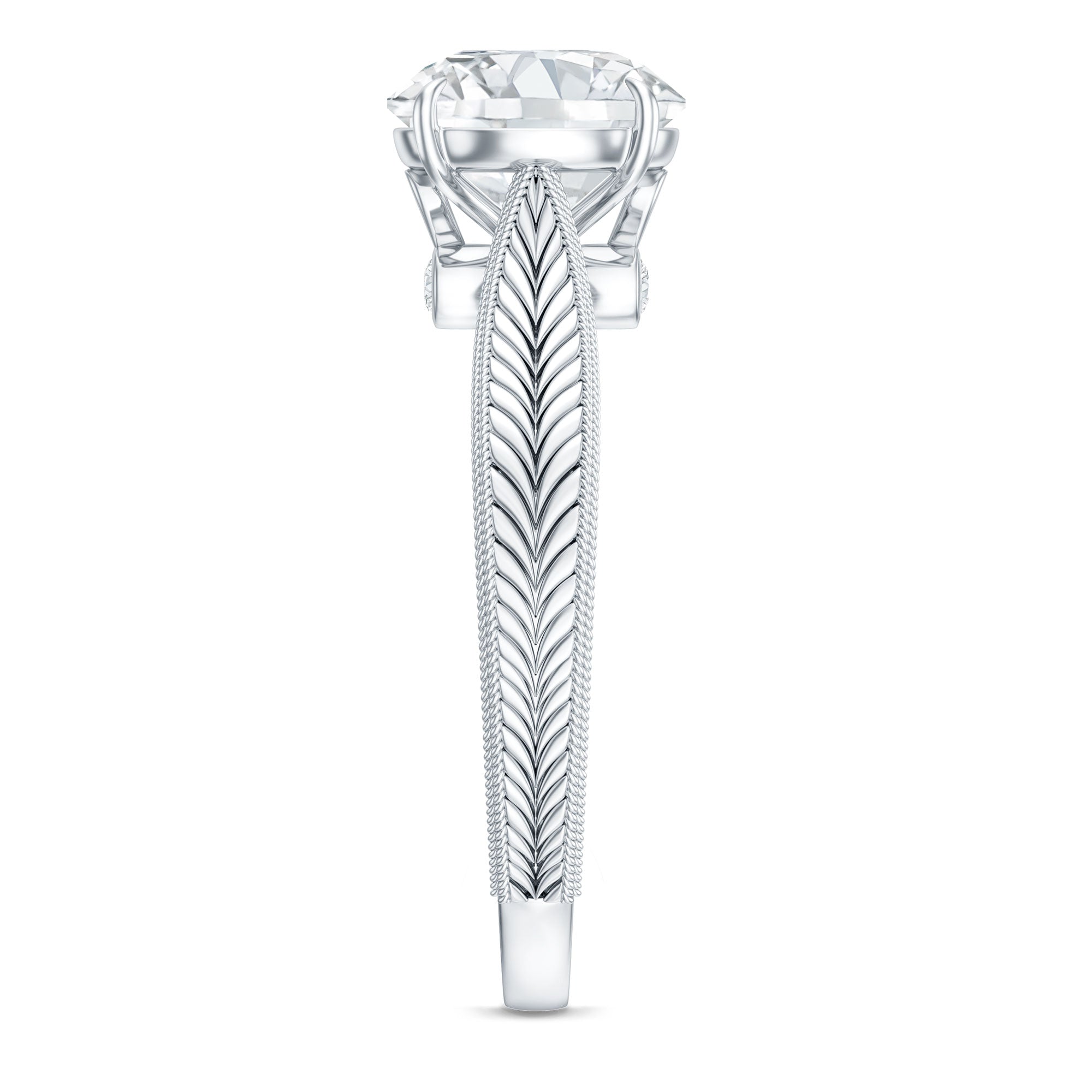 Claw Set Round Moissanite Engraved Engagement Ring
