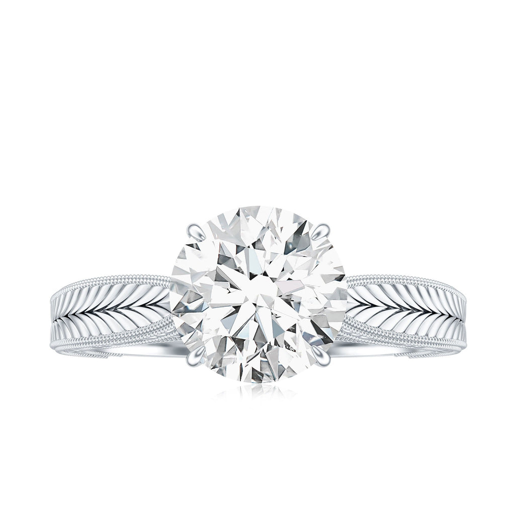 Claw Set Round Moissanite Engraved Engagement Ring