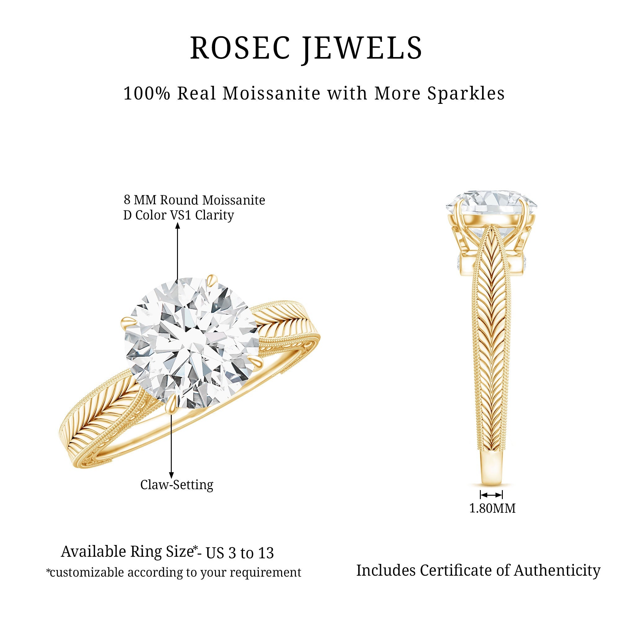 Claw Set Round Moissanite Engraved Engagement Ring