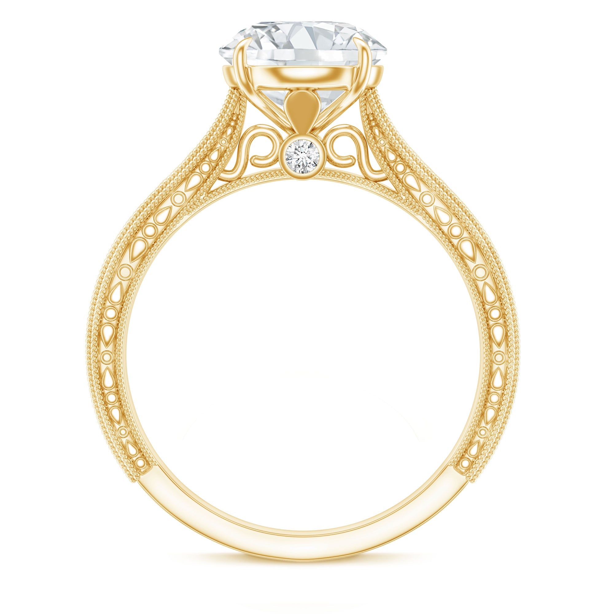 Claw Set Round Moissanite Engraved Engagement Ring
