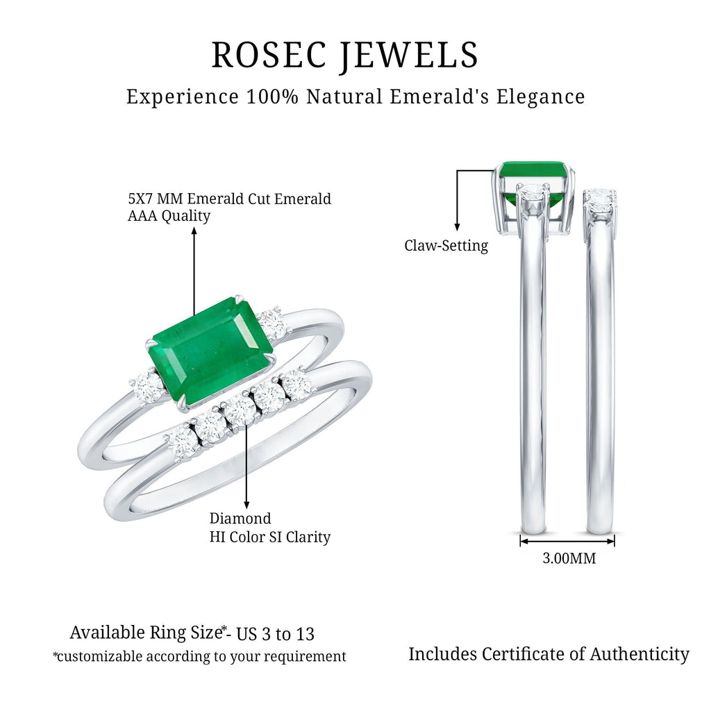 Natural Emerald Cut Emerald Diamond East West Engagement Ring and Wedding Band Set