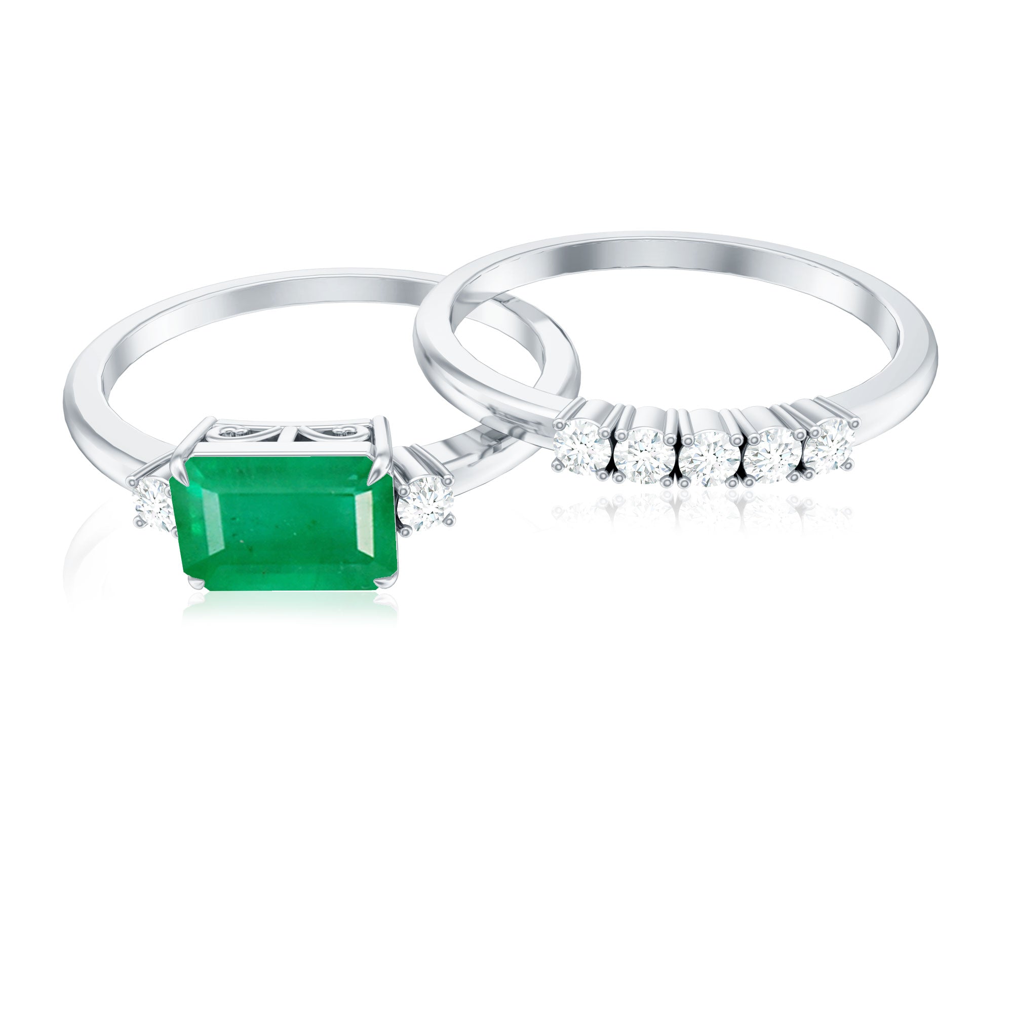 Natural Emerald Cut Emerald Diamond East West Engagement Ring and Wedding Band Set
