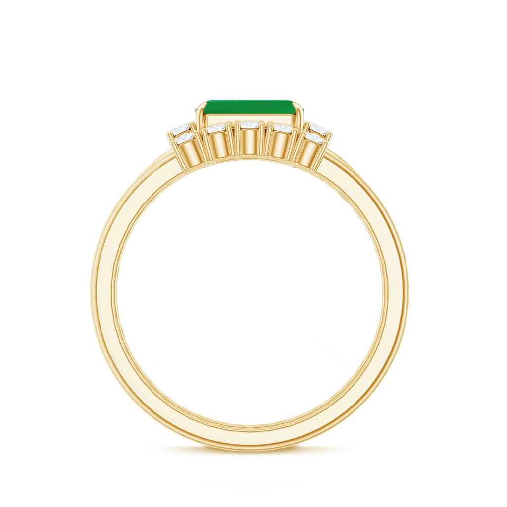 Natural Emerald Cut Emerald Diamond East West Engagement Ring and Wedding Band Set