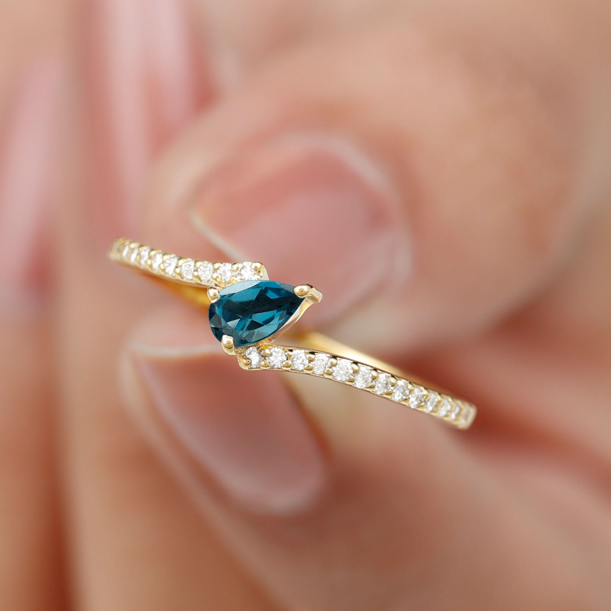 Genuine London Blue Topaz Promise Ring with Diamond