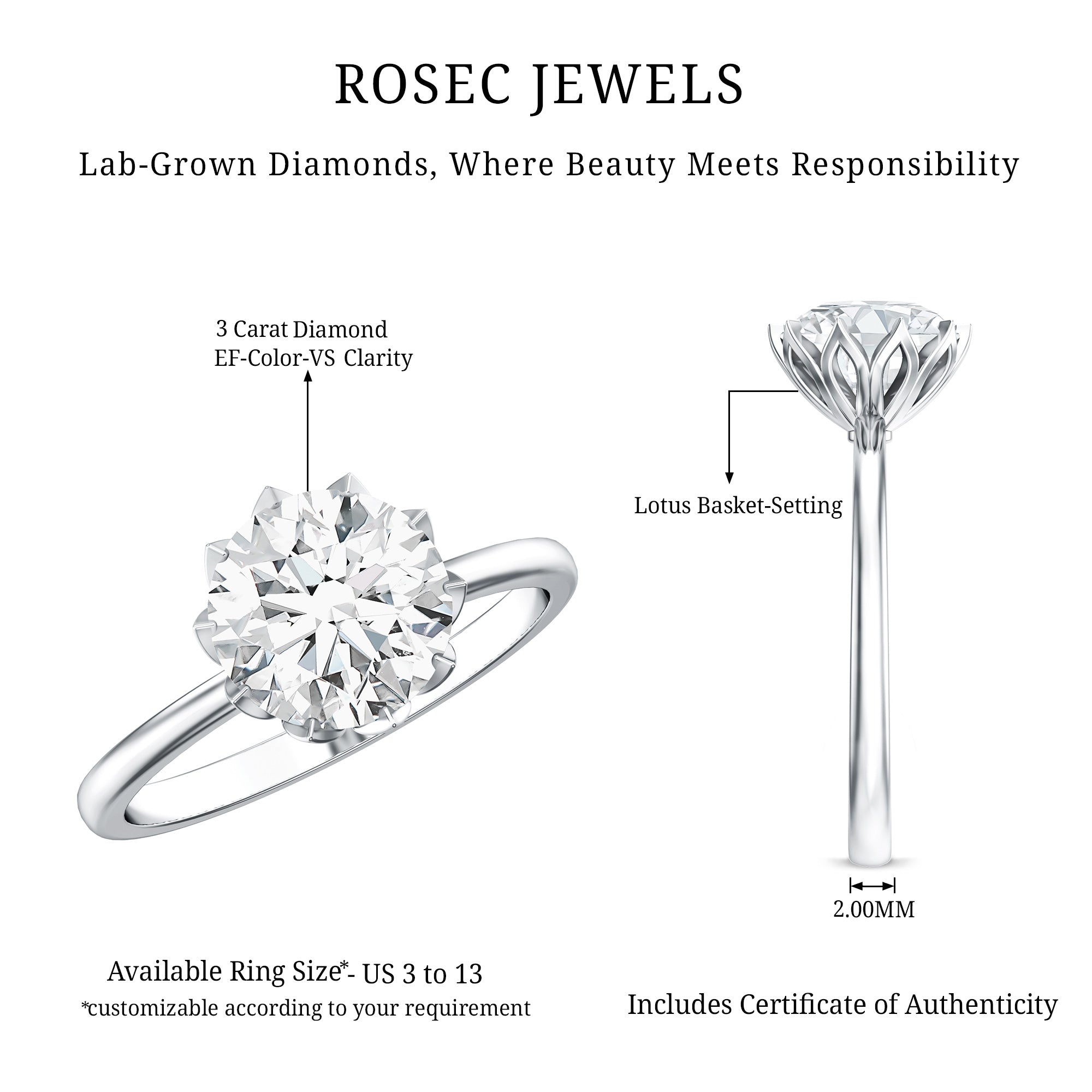 Lotus Basket Set Lab Grown Diamond 3 Carat Engagement Ring with IGI Certificate