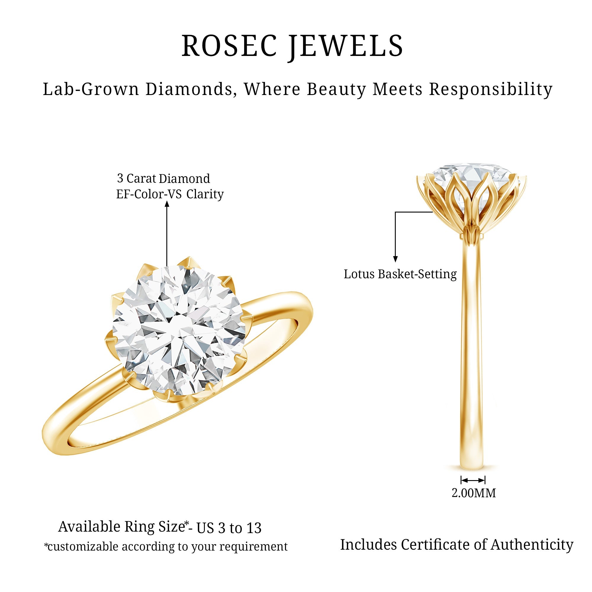 Lotus Basket Set Lab Grown Diamond 3 Carat Engagement Ring with IGI Certificate