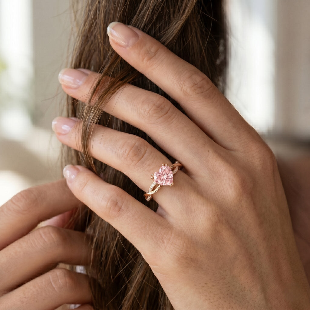 1 CT IGI Certified Lab Grown Pink Diamond Heart Engagement Ring with Crossover Shank