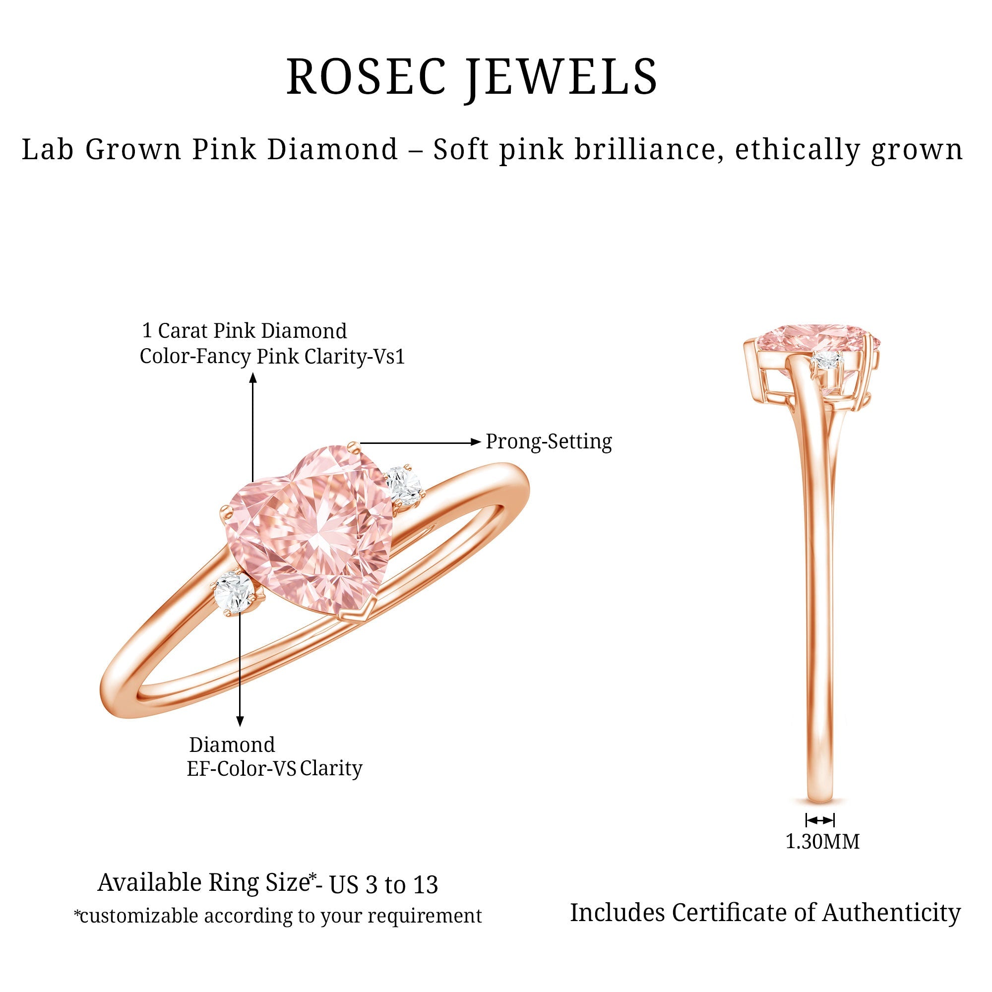 IGI Certified 1 CT Lab Grown Pink Diamond Heart Promise Ring