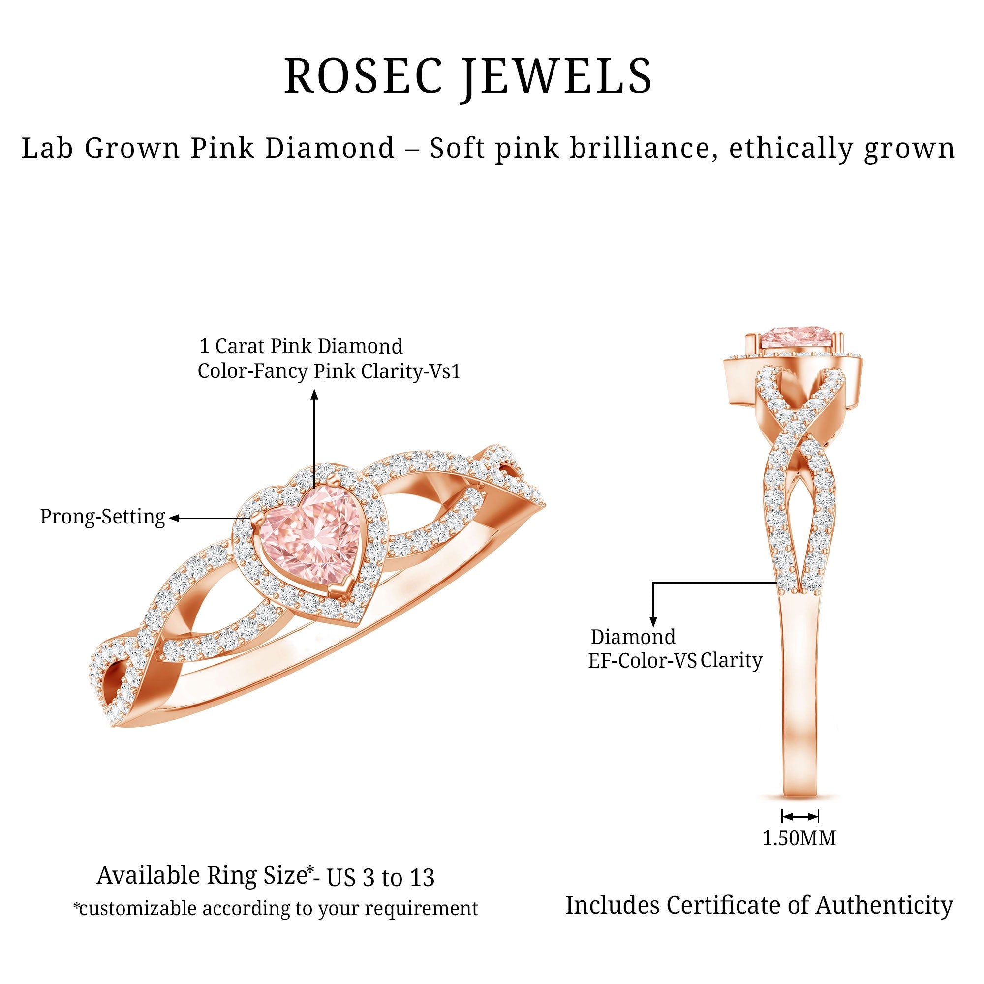 IGI Certified 1 Carat Lab Grown Pink and White Diamond Classic Engagement Ring