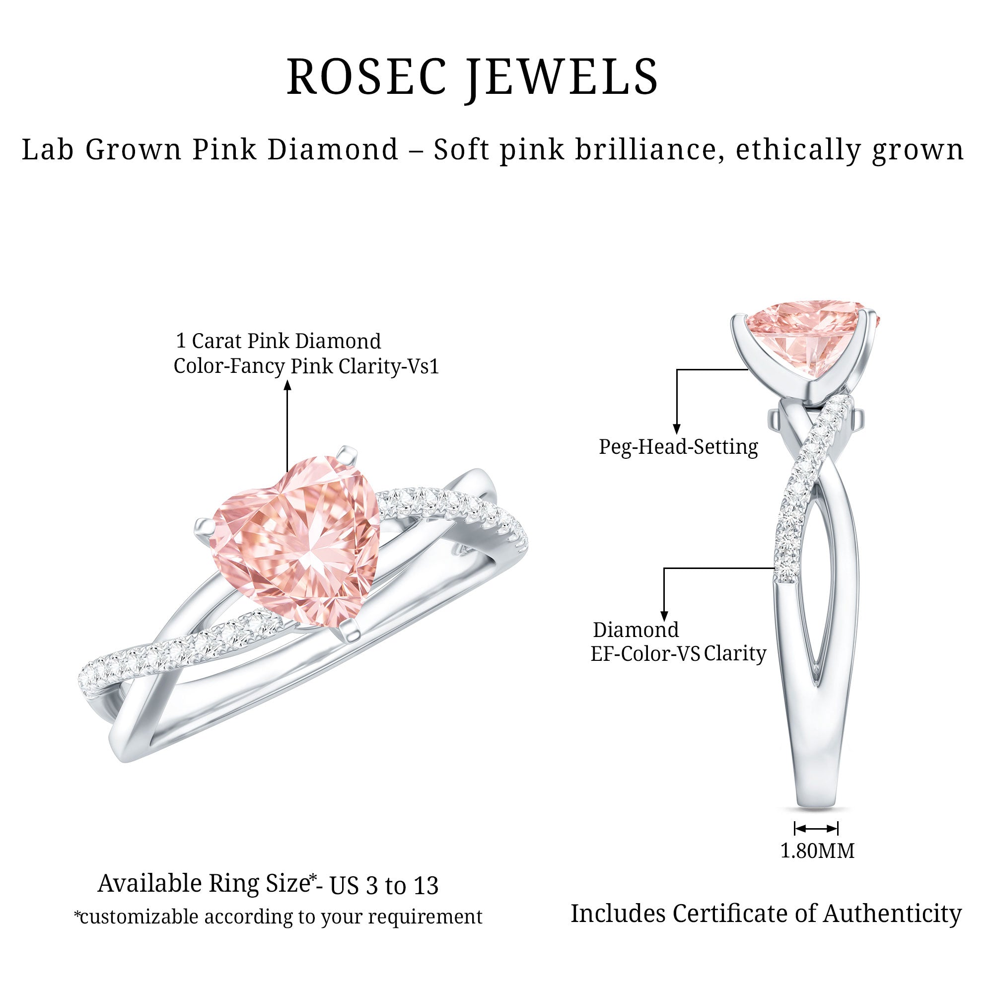 IGI Certified 1 CT Solitaire Lab Grown Pink Diamond Heart Engagement Ring
