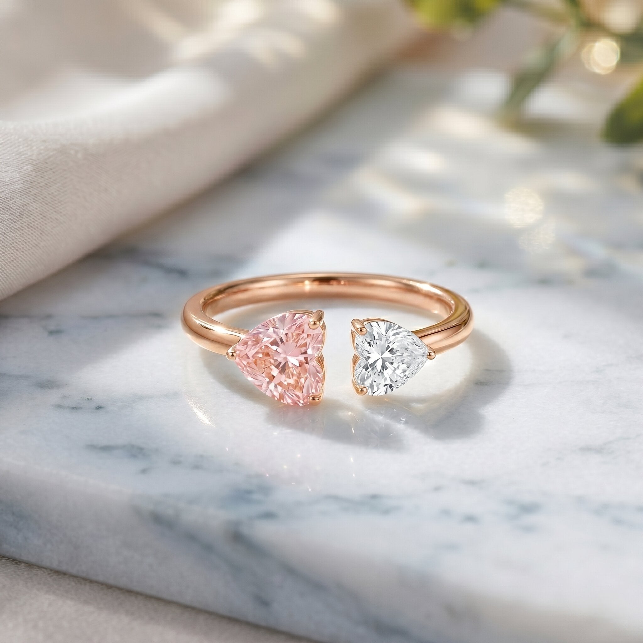 Heart Shape Lab Grown Pink White Diamond Toi Et Moi Promise Ring with IGI Certificate