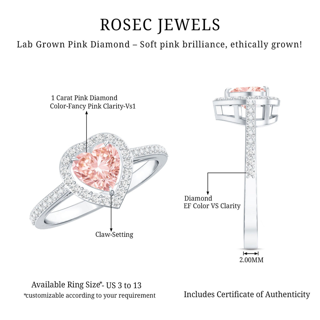 Heart Shape 1 CT Lab Grown Pink White Diamond Halo Engagement Ring IGI Certified