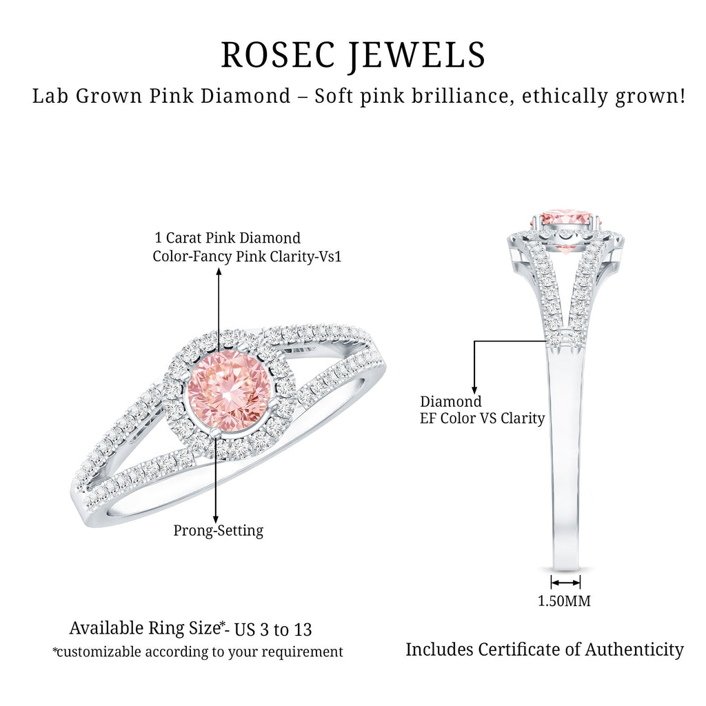 IGI Certified 1 CT Pink Lab Grown Diamond Halo Engagement Ring