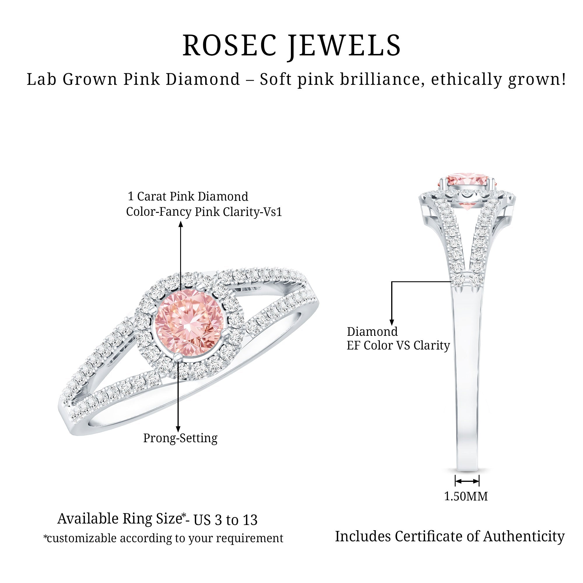 IGI Certified 1 CT Pink Lab Grown Diamond Halo Engagement Ring