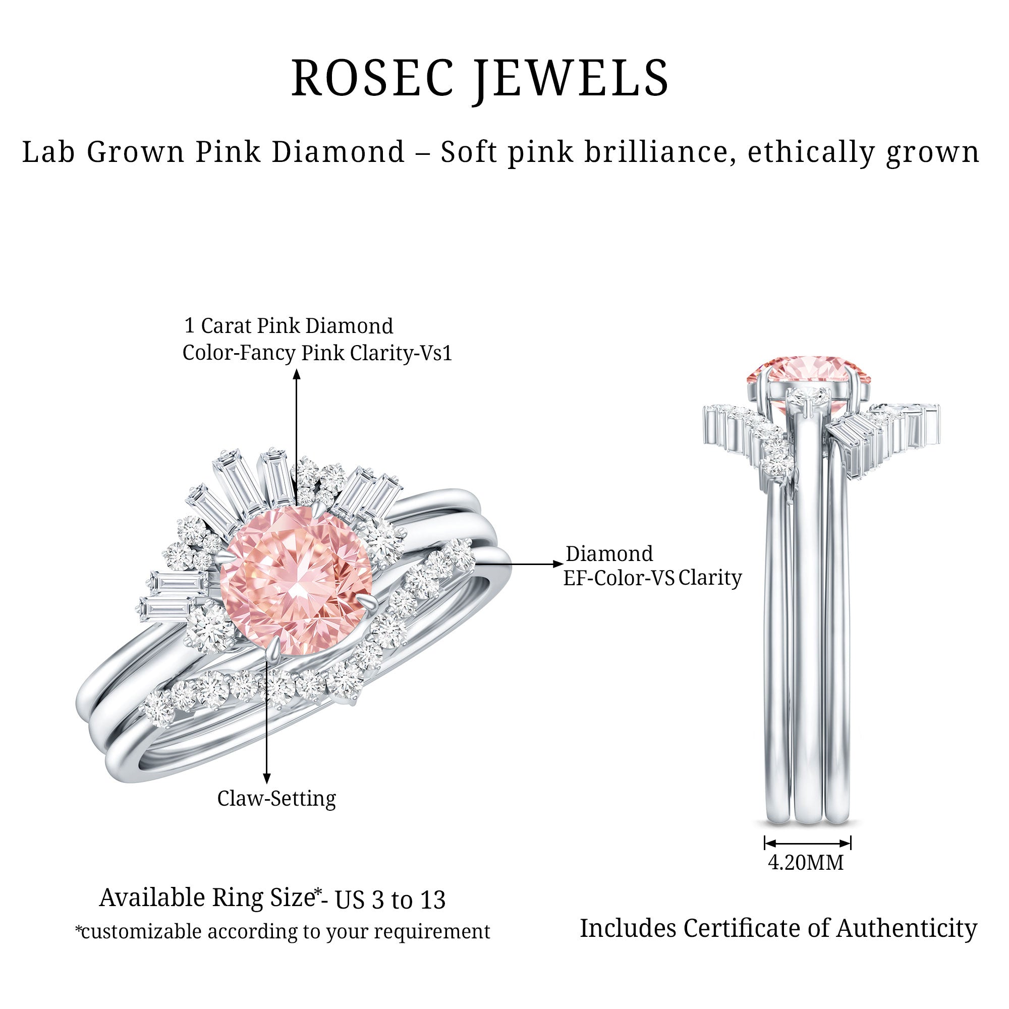 IGI Certified Lab Grown Pink White Diamond Trio Wedding Ring Set