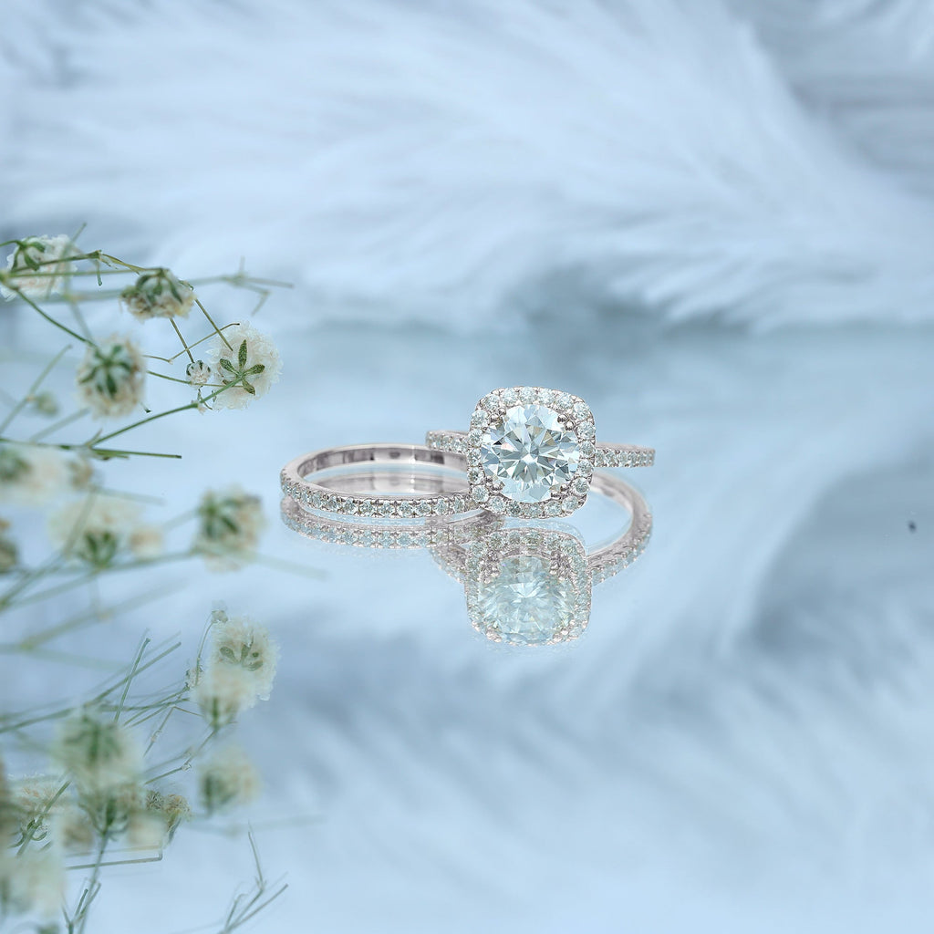 Round Certified Moissanite Wedding Ring Set with Halo