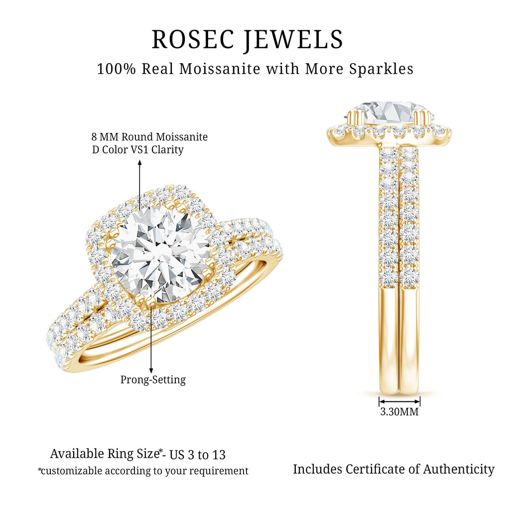 Round Certified Moissanite Wedding Ring Set with Halo