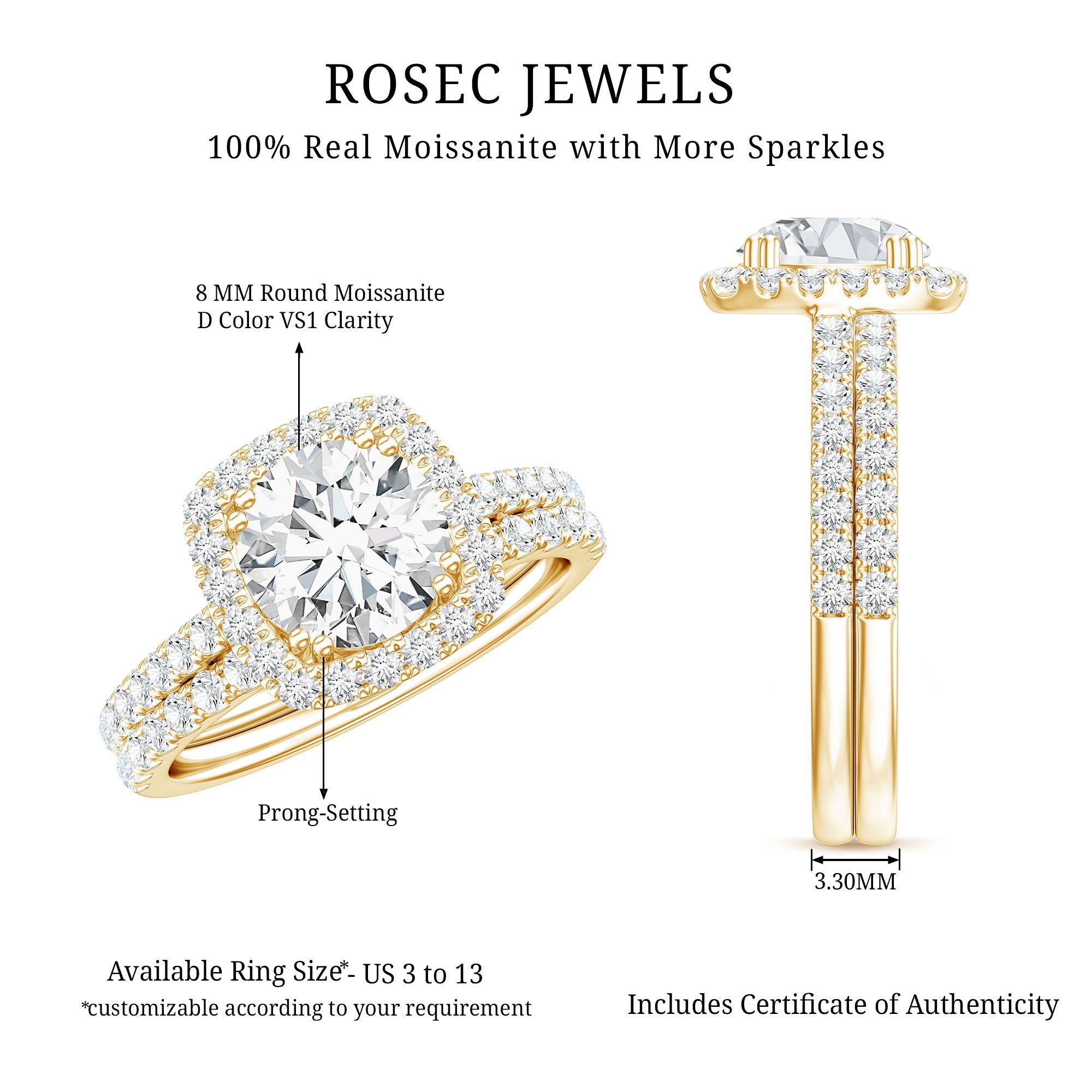 Round Certified Moissanite Wedding Ring Set with Halo
