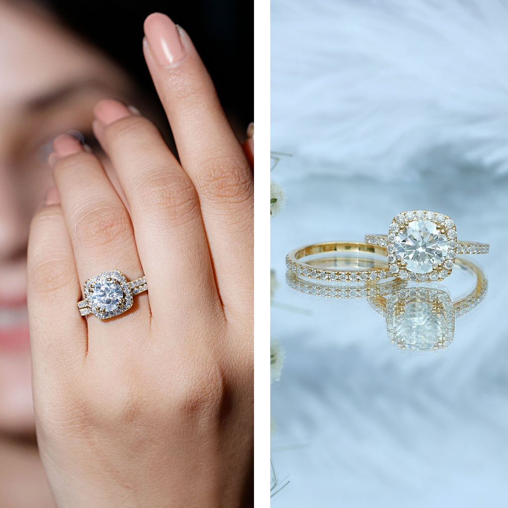 Round Certified Moissanite Wedding Ring Set with Halo
