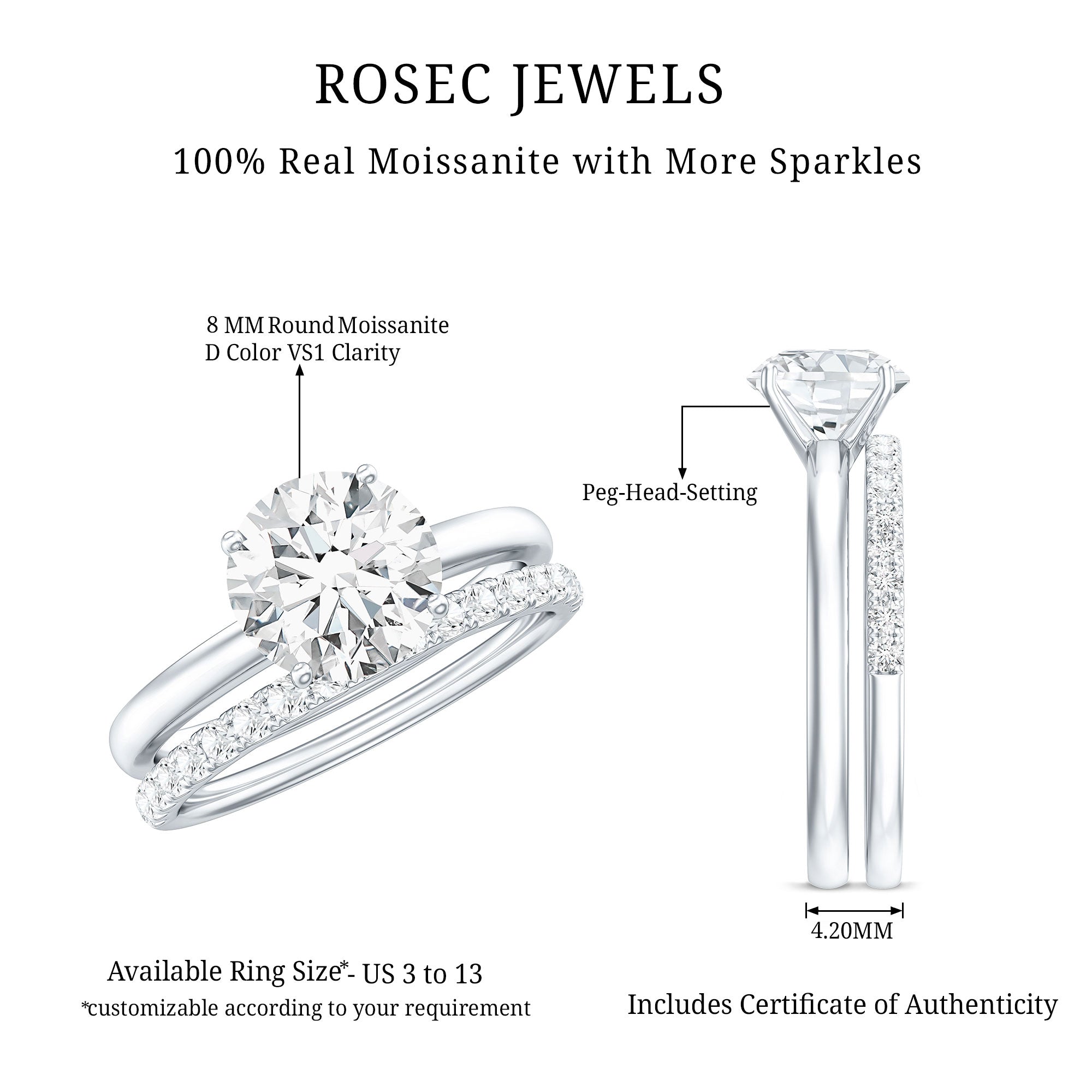 Round Shape Moissanite Solitaire Wedding Ring Set