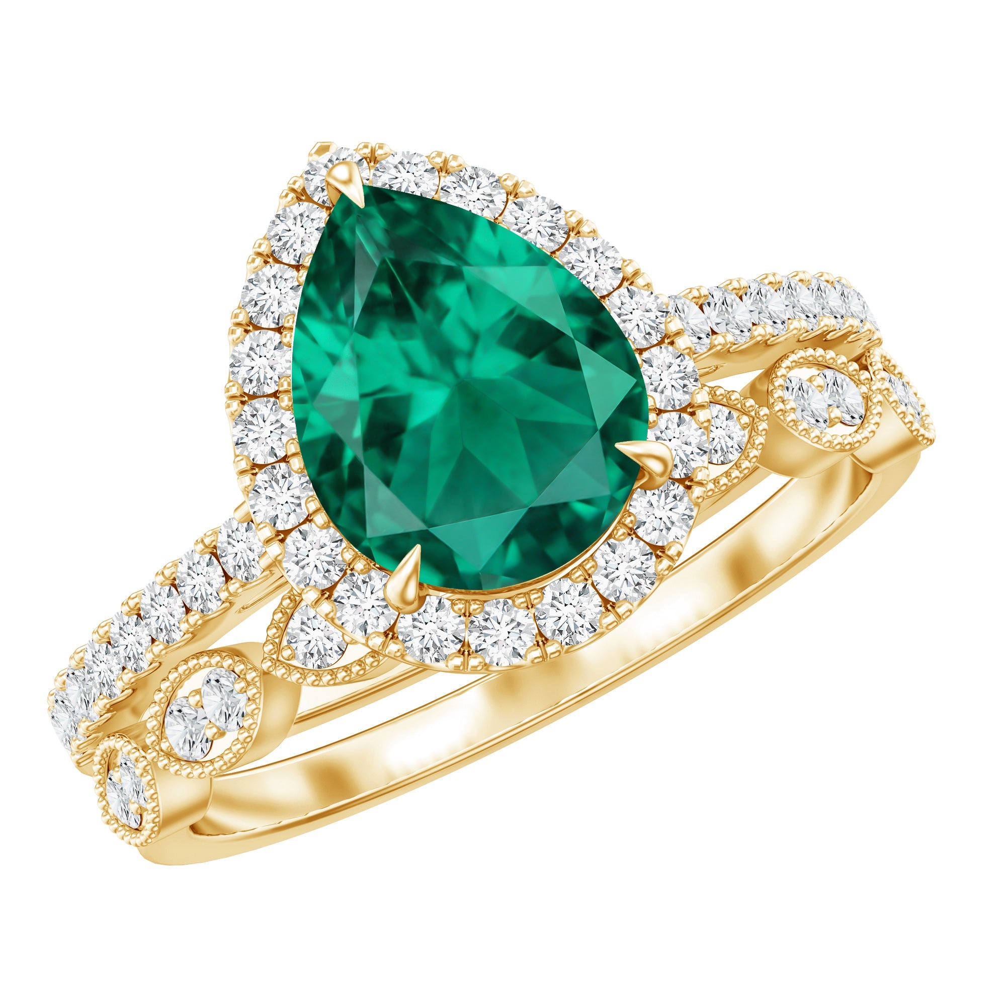 1.7 Carat Lab Grown Emerald Teardrop Ring Set with Natural Diamond