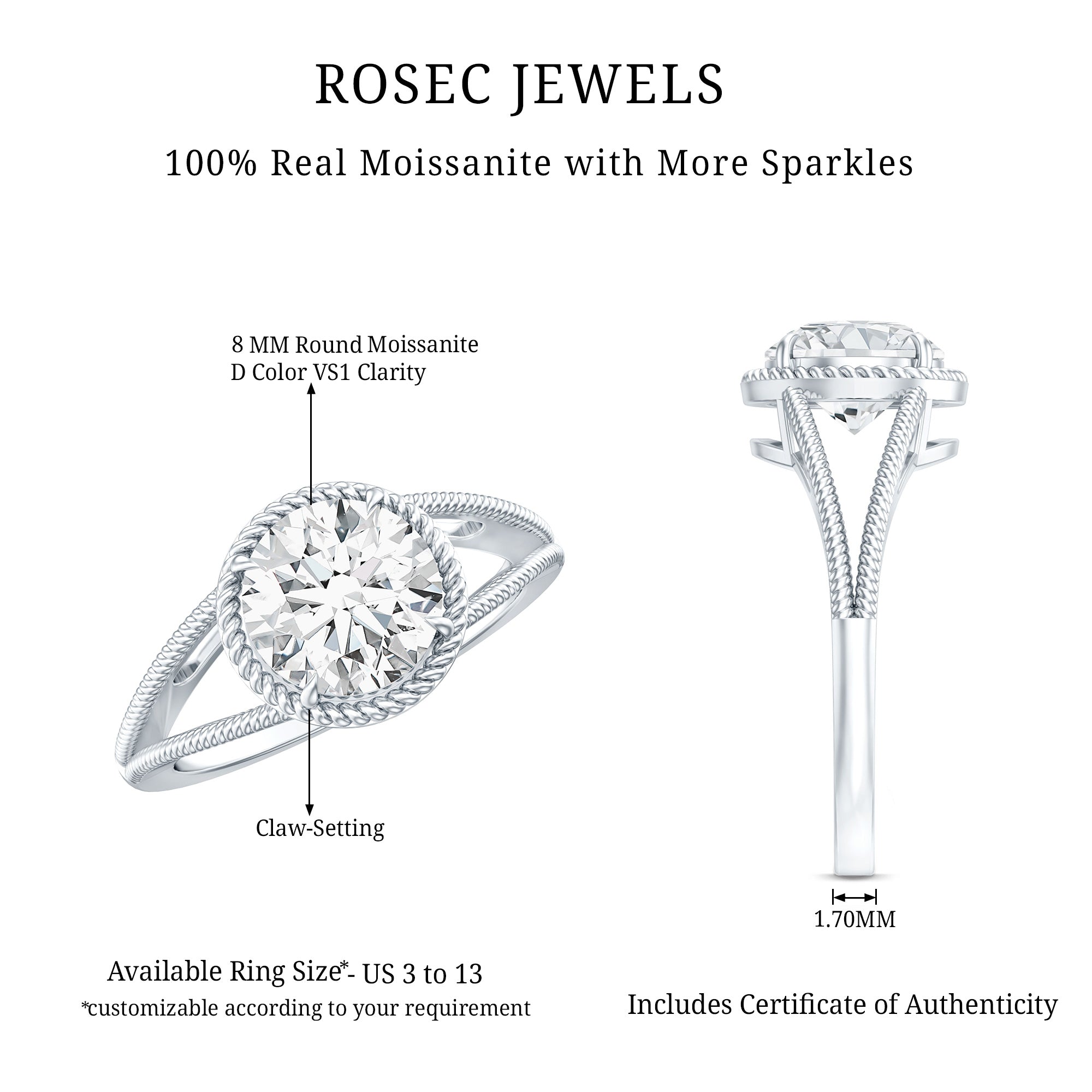 2 CT Round Cut Moissanite Solitaire Engagement Ring with Split Shank