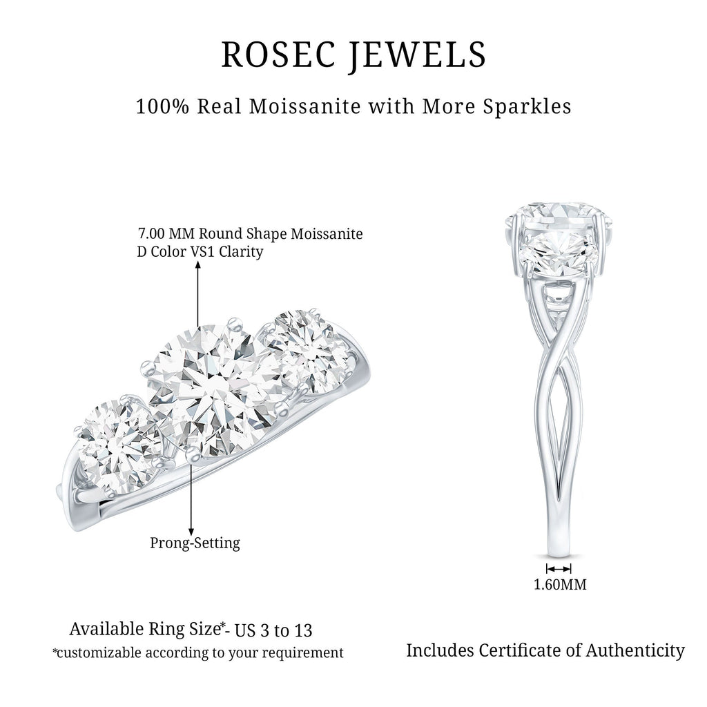 3 Stone Round Moissanite Crossover Engagement Ring