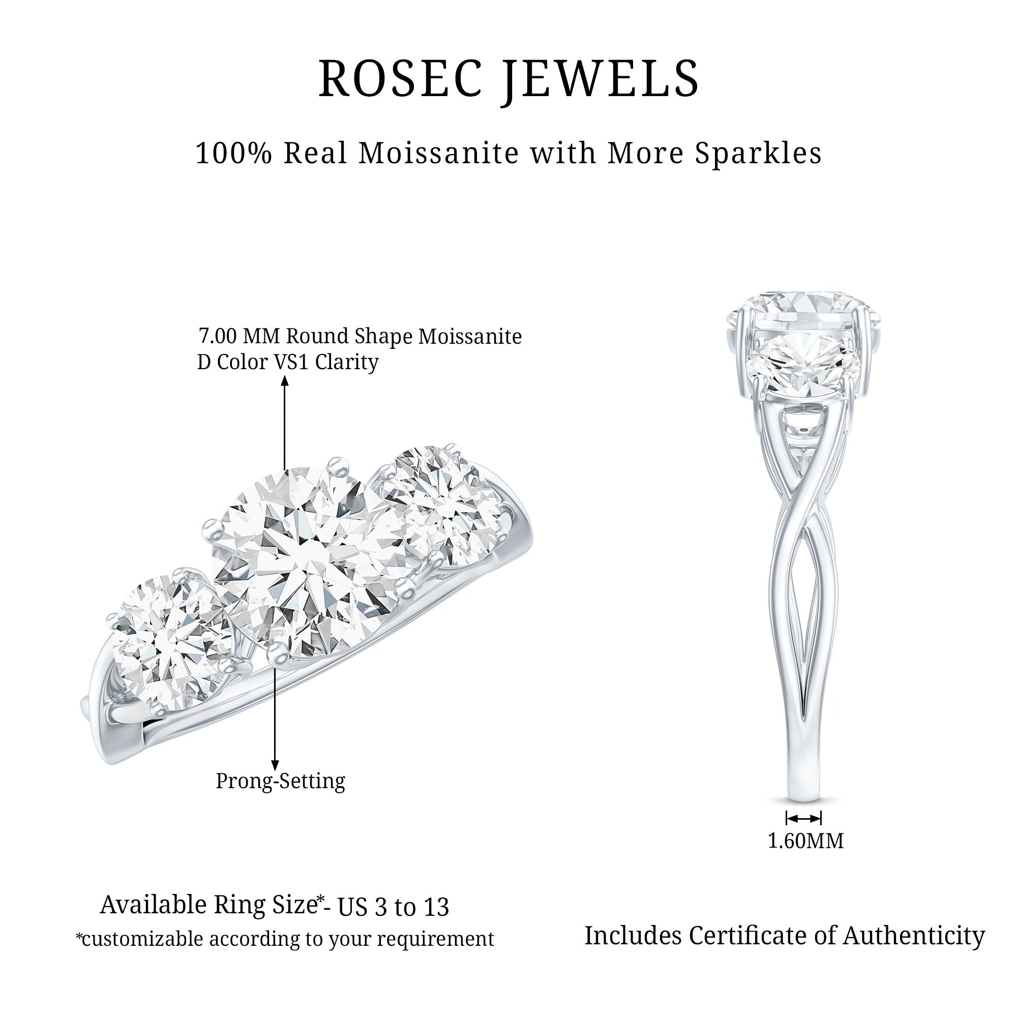 3 Stone Round Moissanite Crossover Engagement Ring