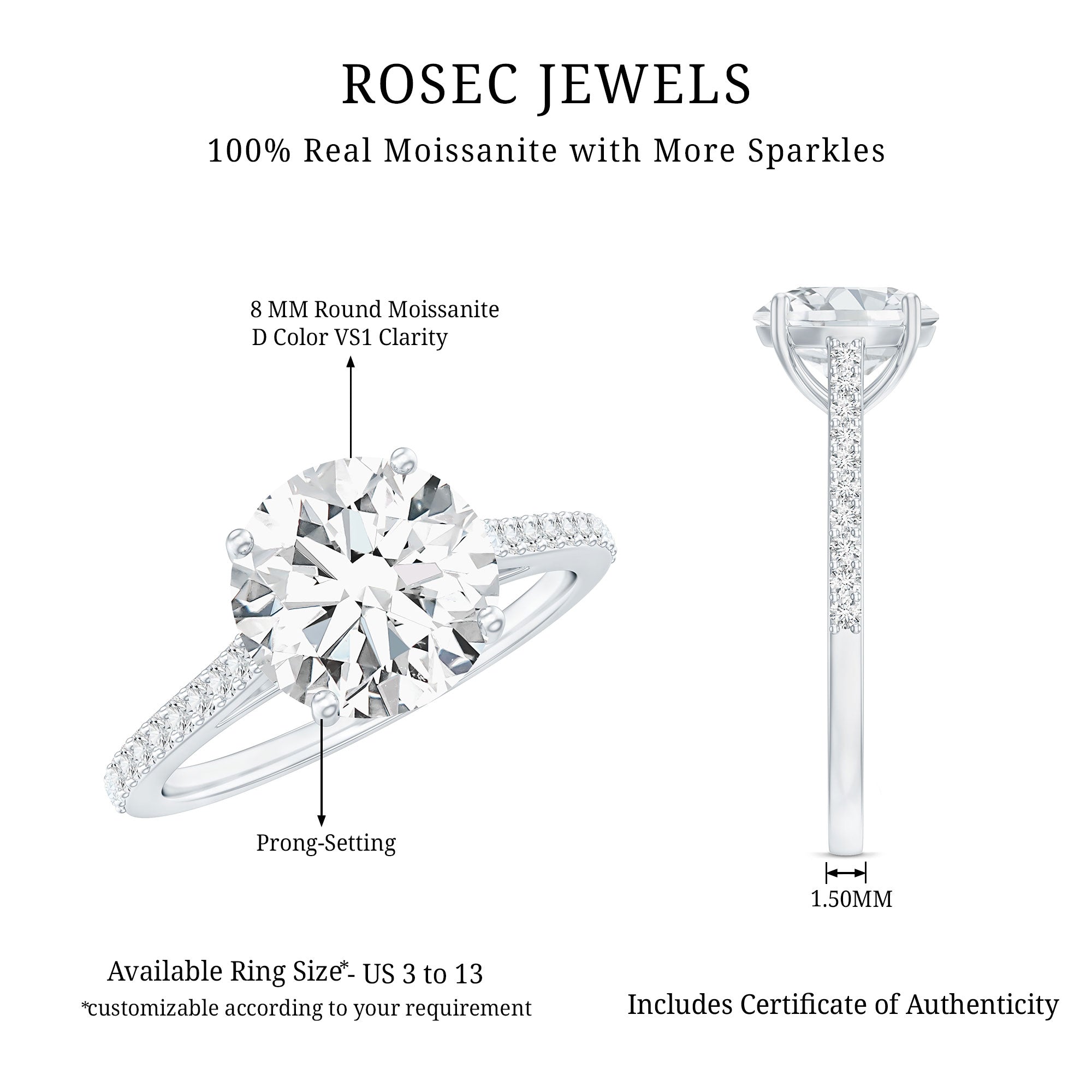 Certified Moissanite Round Cut Solitaire Ring with Side Stones