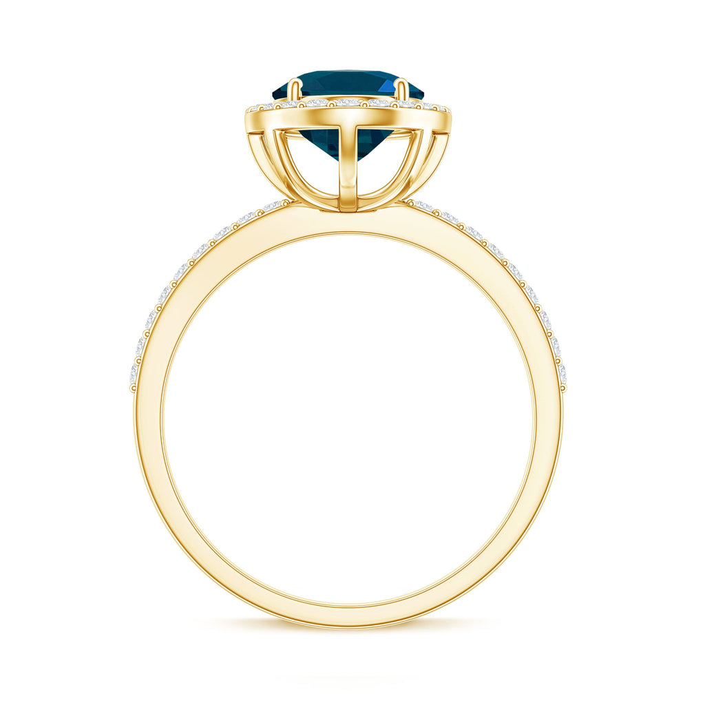 2.5 Carat Oval Cut London Blue Topaz Oblong Engagement Ring with Diamond Halo
