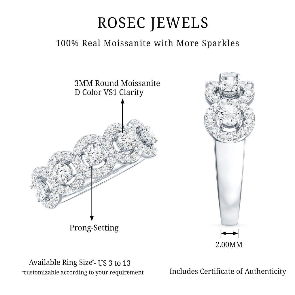 Certified Round Cut Moissanite Halo Classic Band Ring