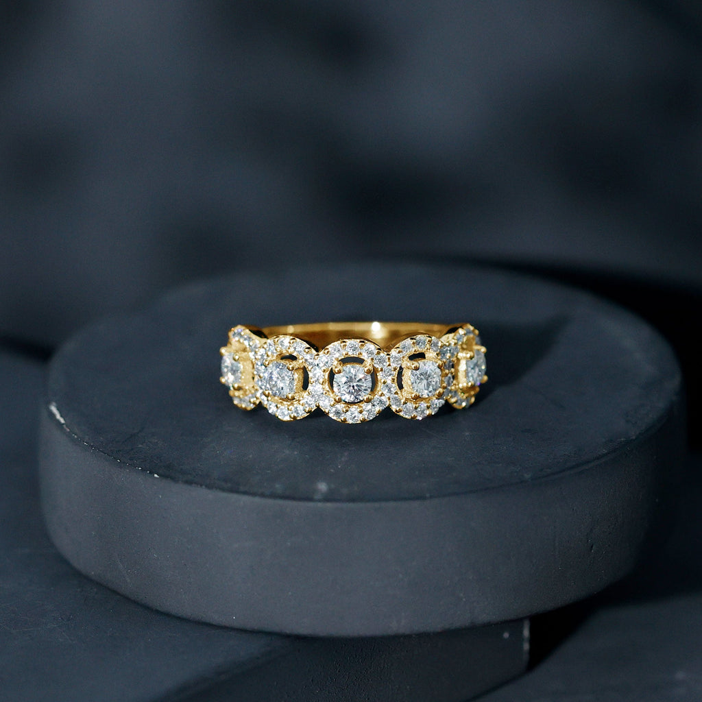 Certified Round Cut Moissanite Halo Classic Band Ring