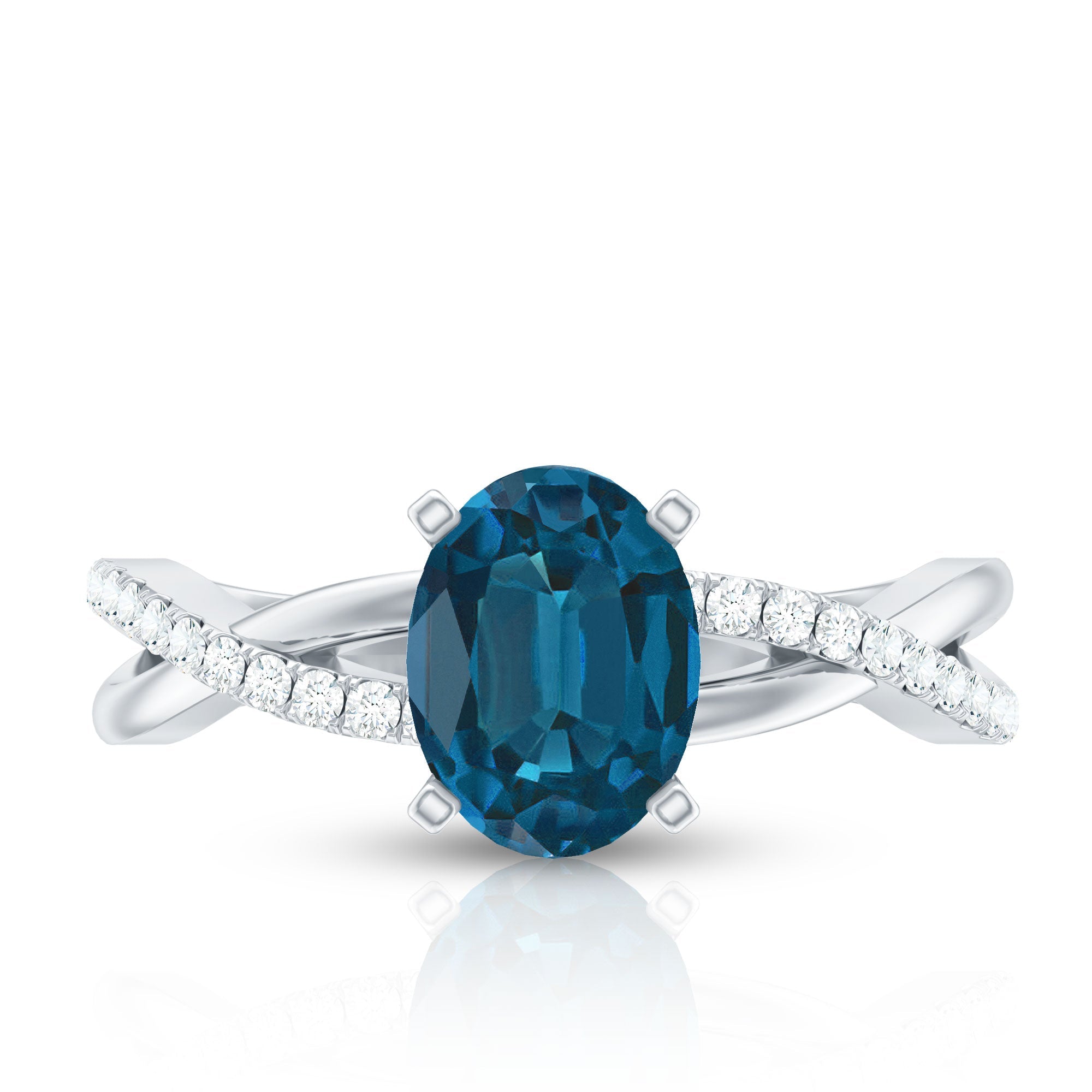 1 Carat Oval Cut London Blue Topaz Solitaire Engagement Ring with Diamond Spiral Shank