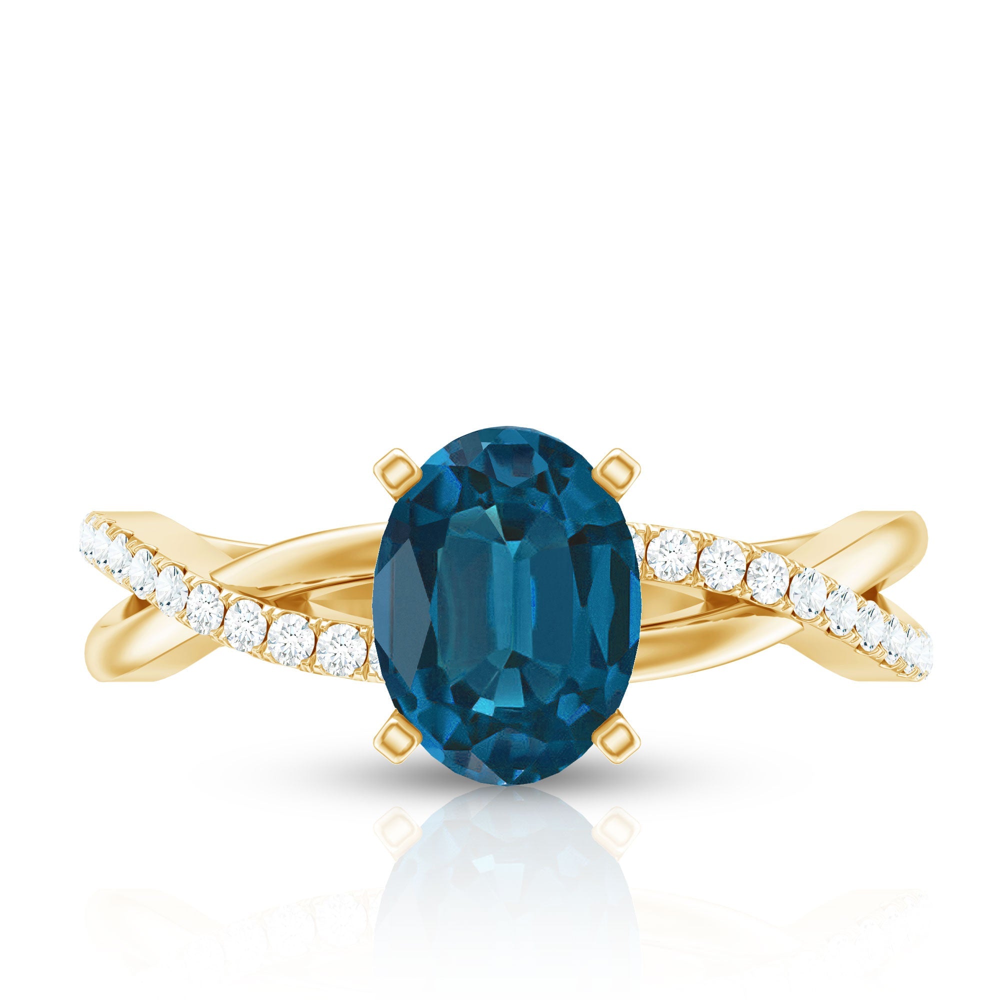 1 Carat Oval Cut London Blue Topaz Solitaire Engagement Ring with Diamond Spiral Shank