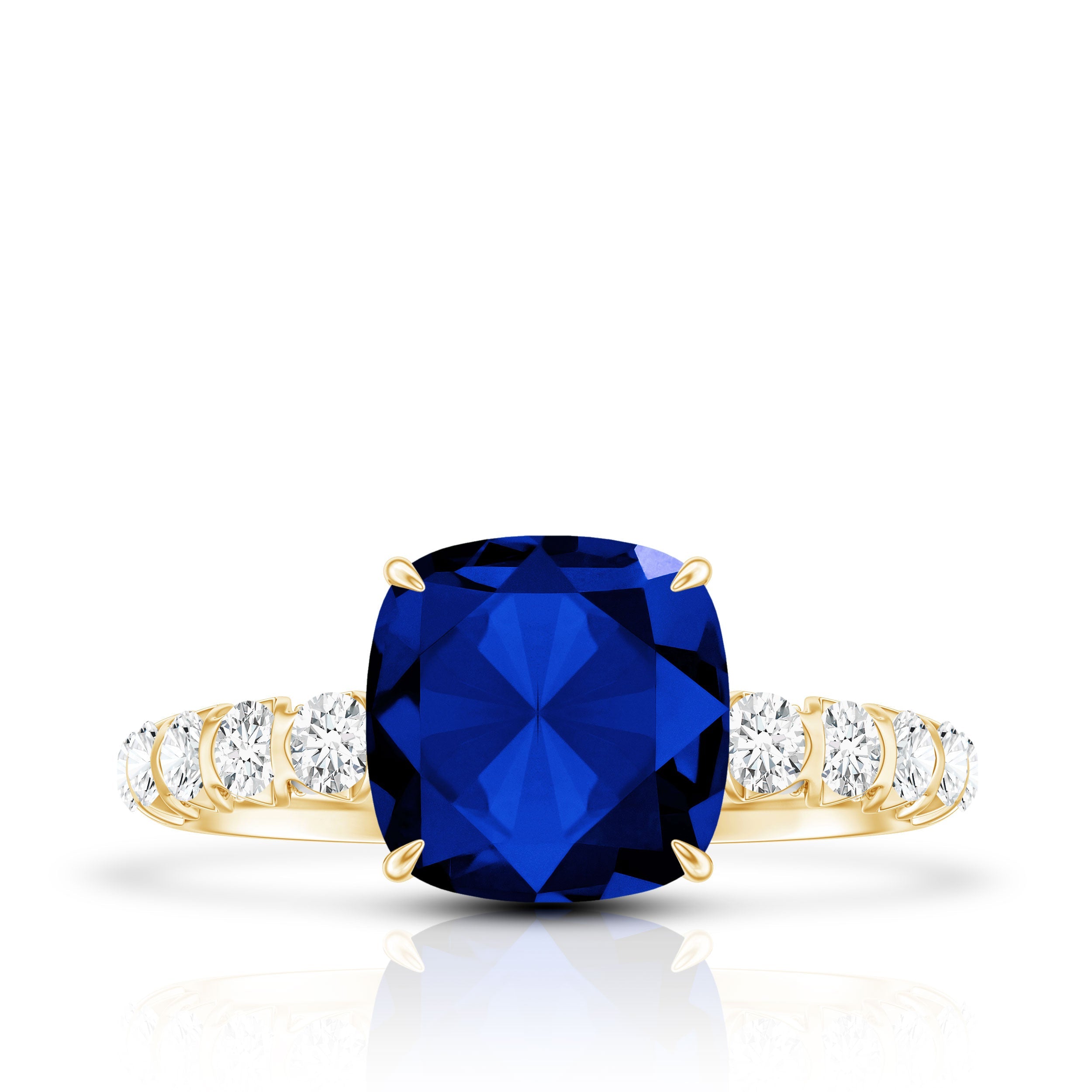 Classic 2.75 Carat Lab Grown Blue Sapphire Cushion Cut Engagement Ring with Diamond