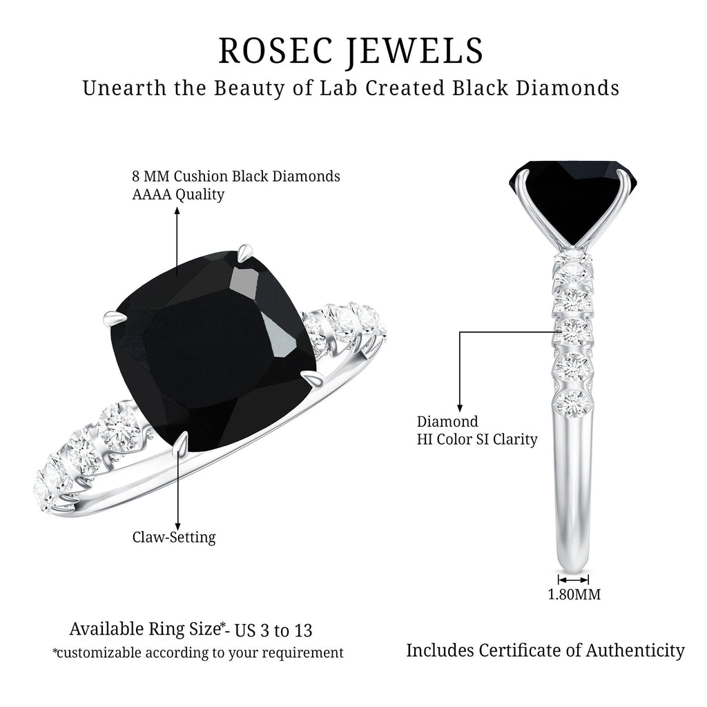 Cushion Cut Created Black Diamond and Diamond Solitaire Ring