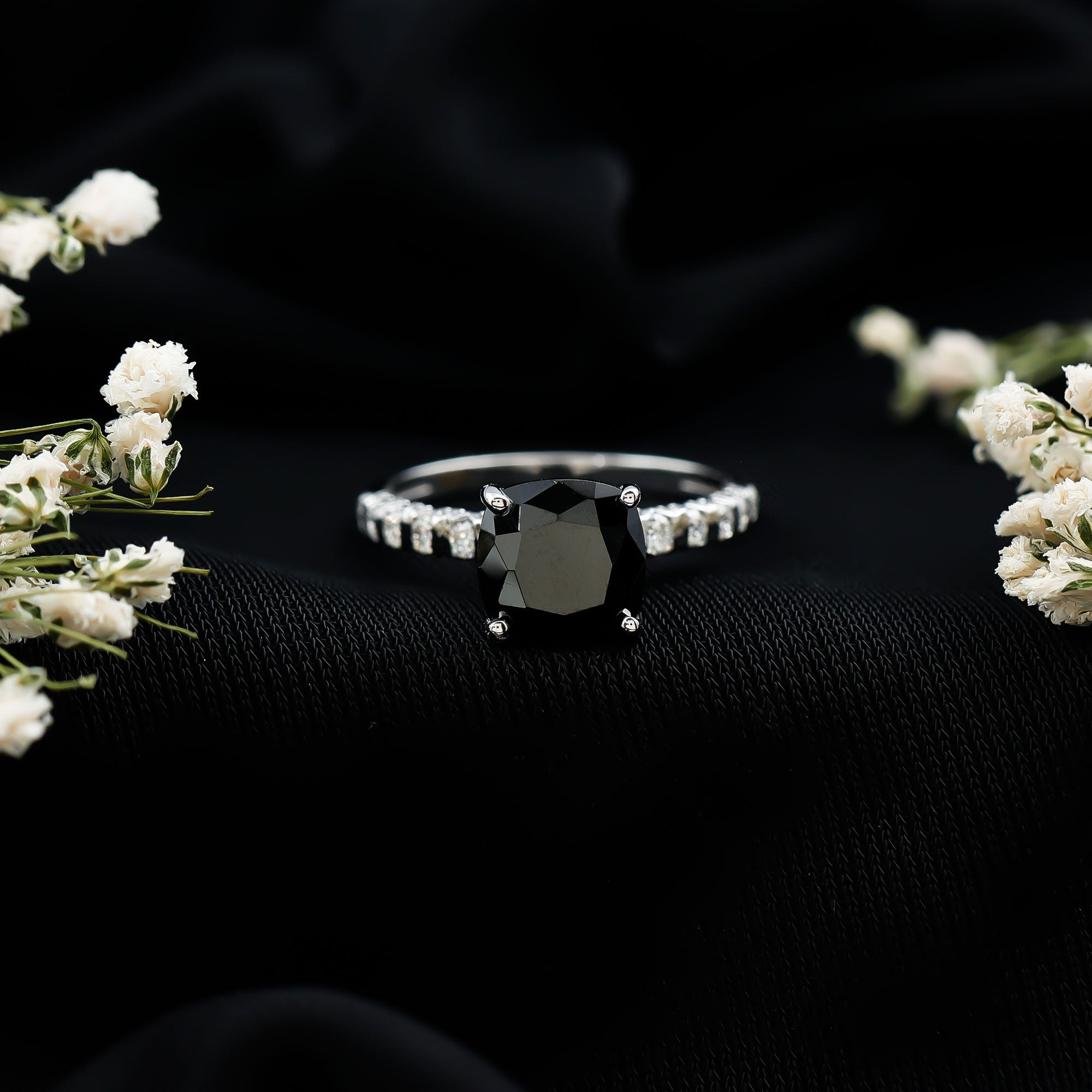 Cushion Cut Created Black Diamond and Diamond Solitaire Ring