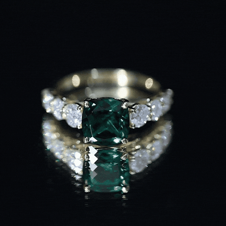 Lab Grown Emerald 2 Carat Cushion Engagement Ring with Moissanite Side Stones