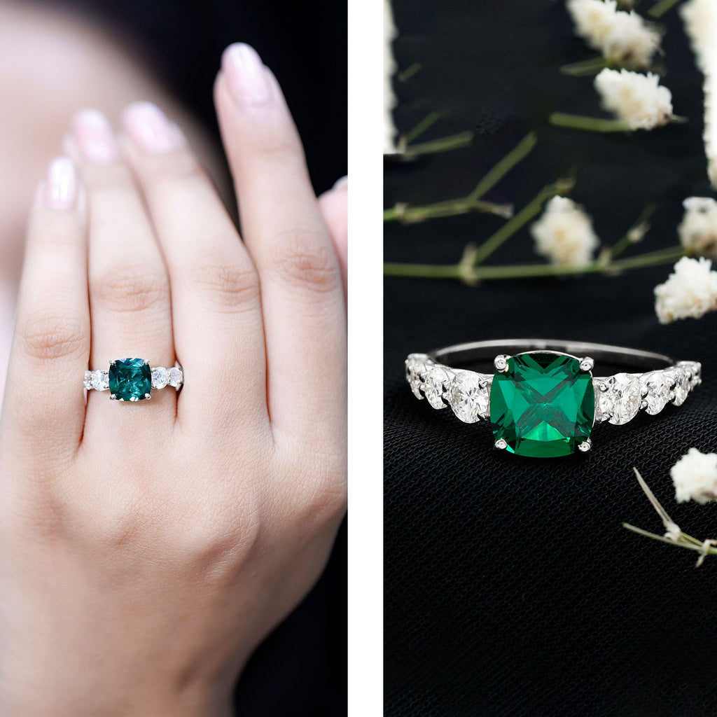 Lab Grown Emerald 2 Carat Cushion Engagement Ring with Moissanite Side Stones