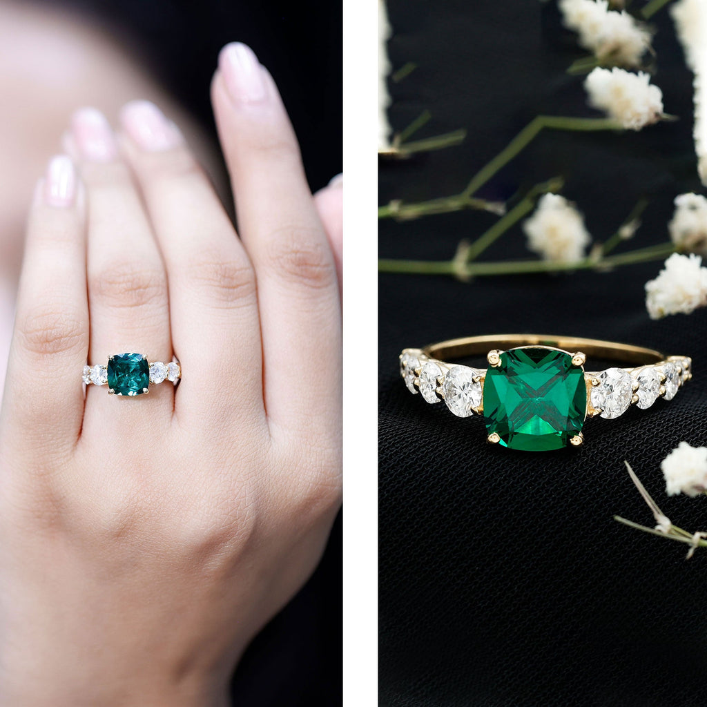Lab Grown Emerald 2 Carat Cushion Engagement Ring with Moissanite Side Stones