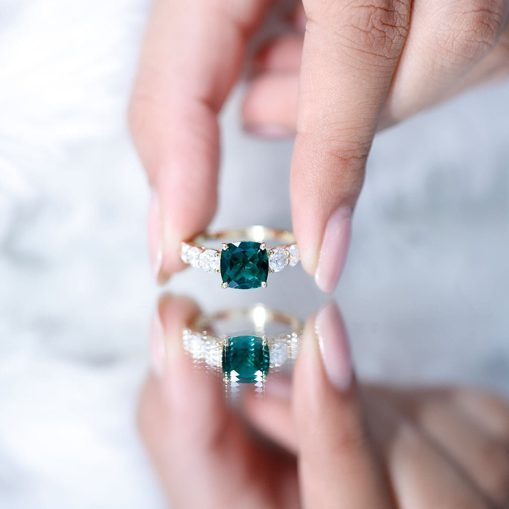 Lab Grown Emerald 2 Carat Cushion Engagement Ring with Moissanite Side Stones
